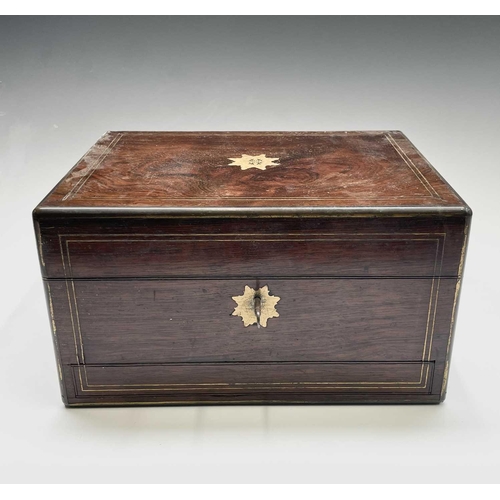 305 - A Victorian rosewood and brass inlaid vanity box, with partially fitted interior, width 32cm. Proven... 