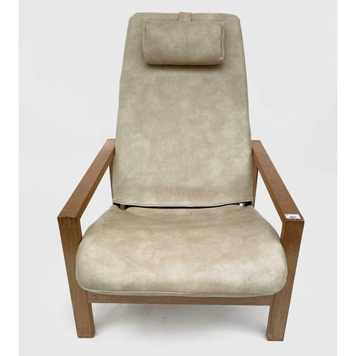 3051 - A beech framed armchair, late 1960s, with later padded upholstery and raised on plain rectangular su... 