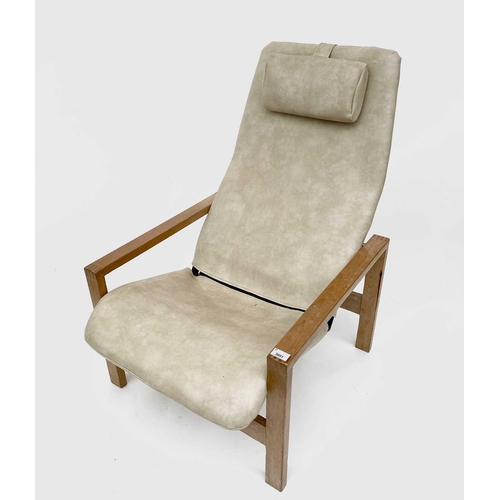 3051 - A beech framed armchair, late 1960s, with later padded upholstery and raised on plain rectangular su... 