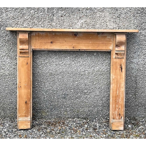 3062 - A late Victorian pine fire surround, height 112cm, width 142.5cm, together with a similar painted ex... 