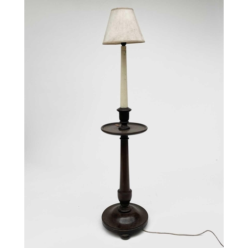 3072 - A mahogany standard lamp, 1920s, in the style of a Georgian candle stand, with white painted stem an... 