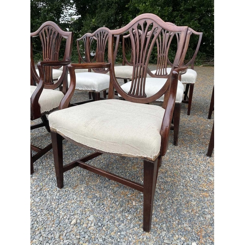 3089 - A set of ten Hepplewhite style mahogany dining chairs, circa 1900, the shield shape backs with pierc... 