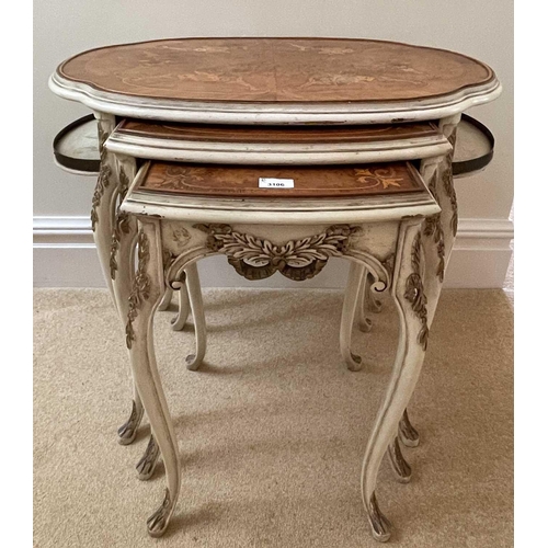 3106 - A nest of three French walnut, kingwood and marquetry occasional tables, circa 1920, the largest wit... 