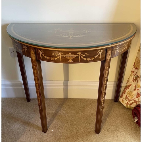 3110 - A pair of mahogany and inlaid demi-lune side tables, in the Sheraton style, later 20th century with ... 