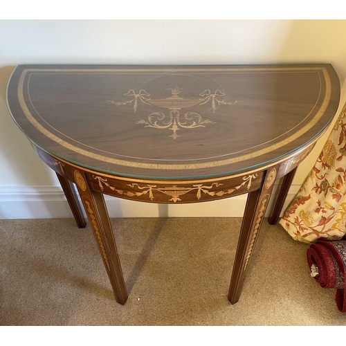 3110 - A pair of mahogany and inlaid demi-lune side tables, in the Sheraton style, later 20th century with ... 