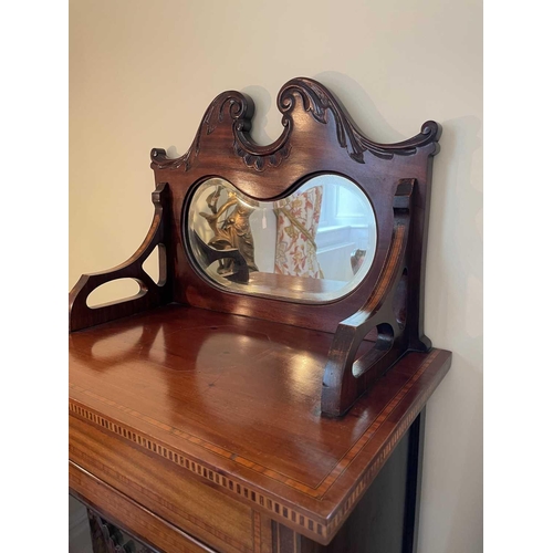 3115 - An Edwardian mahogany and satinwood banded music cabinet, with raised mirrored back above a glazed d... 