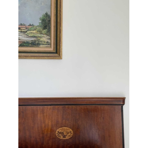 3125 - A mahogany and inlaid double bed head, probably French circa 1900, with oval basket of flower panel,... 