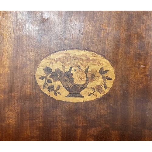 3125 - A mahogany and inlaid double bed head, probably French circa 1900, with oval basket of flower panel,... 