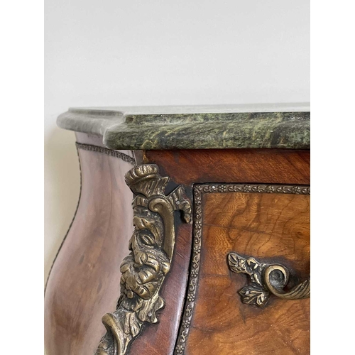 3126 - A pair of French Louis XVI style walnut bombe commodes, late 20th century each with a green marble t... 