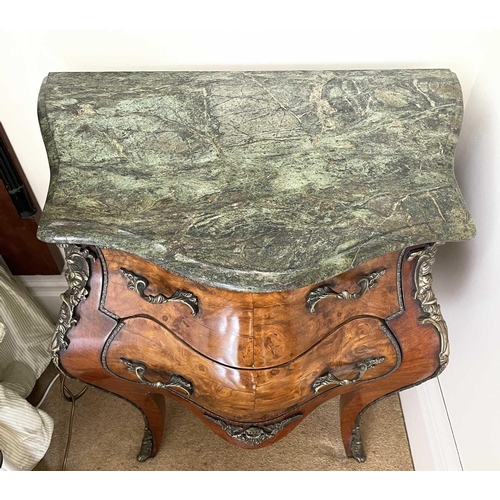 3126 - A pair of French Louis XVI style walnut bombe commodes, late 20th century each with a green marble t... 