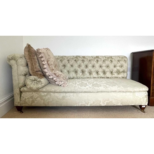 3129 - A late Victorian mahogany framed chaise lounge, upholstered in patterned green Sanderson fabric, wit... 