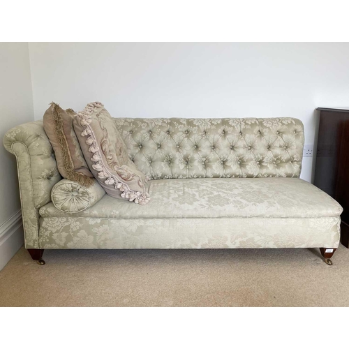 3129 - A late Victorian mahogany framed chaise lounge, upholstered in patterned green Sanderson fabric, wit... 