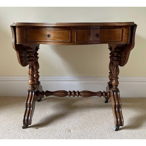 3135 - A French walnut serpentine shaped sofa table, circa 1880, fitted with two drawers and raised on turn... 