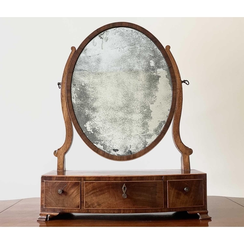 3136 - A George III mahogany and rosewood banded dressing table mirror, the bow front base fitted three dra... 