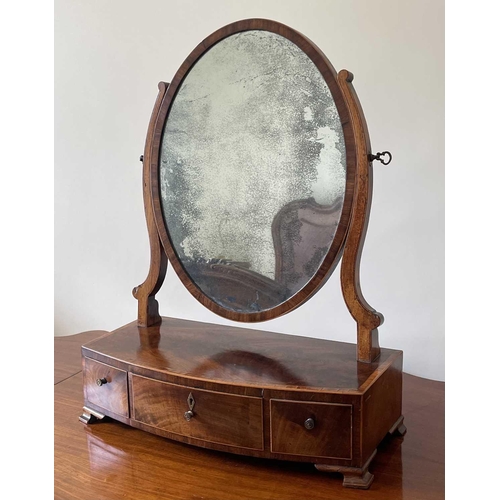 3136 - A George III mahogany and rosewood banded dressing table mirror, the bow front base fitted three dra... 