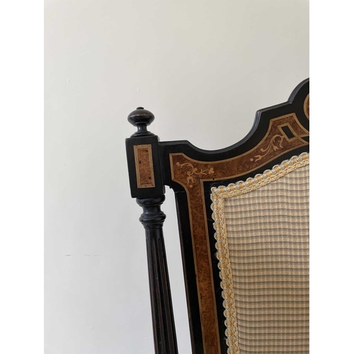 3137 - A pair of Victorian aesthetic movement ebonised and burr walnut side chairs, with padded backs and s... 