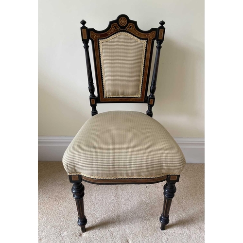 3137 - A pair of Victorian aesthetic movement ebonised and burr walnut side chairs, with padded backs and s... 