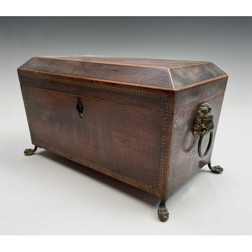 314 - A George III mahogany, inlaid and chequer strung tea caddy, with fitted interior and brass lion mask... 