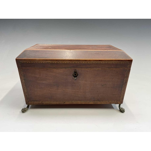 314 - A George III mahogany, inlaid and chequer strung tea caddy, with fitted interior and brass lion mask... 