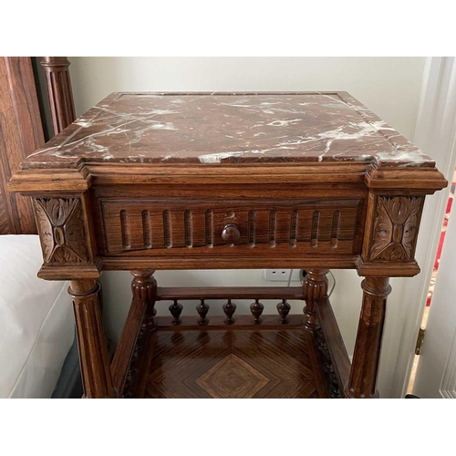 3140 - A French rosewood bedside table, late 19th century with marble top above a drawer and cupboard, heig... 