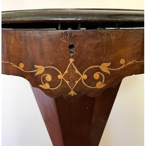 3147 - A Victorian walnut and inlaid sewing table, the circular top raised on a tapered and carved column a... 