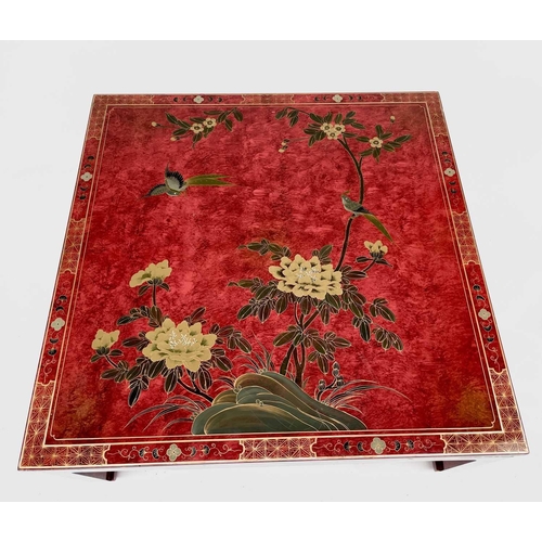 3151 - An oriental red lacquer low centre table, late 20th century, decorated in the Chinoiserie style. Hei... 