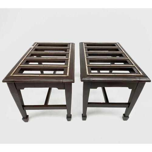 3152 - A pair of 20th century stained beech luggage racks with brass mounted tops. Height 45cm, width 66cm,... 