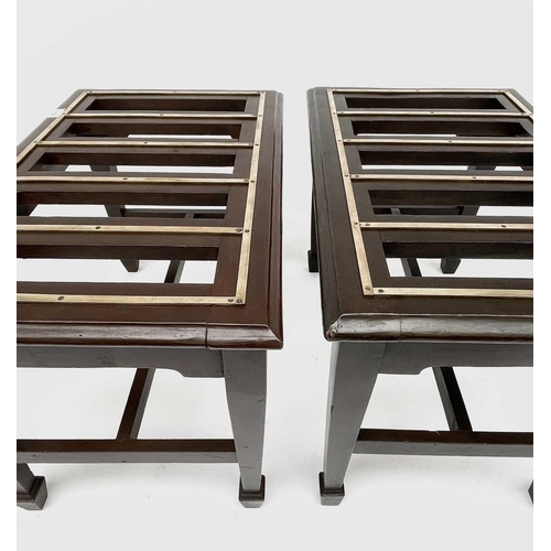 3152 - A pair of 20th century stained beech luggage racks with brass mounted tops. Height 45cm, width 66cm,... 