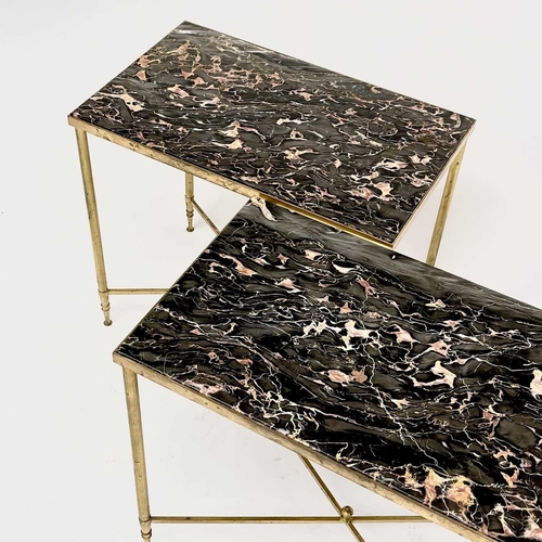 3153 - A pair of 1960s Maison Jansen style marble topped brass occasional tables. Height 54cm, width 59cm, ... 