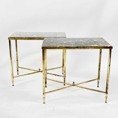 3153 - A pair of 1960s Maison Jansen style marble topped brass occasional tables. Height 54cm, width 59cm, ... 