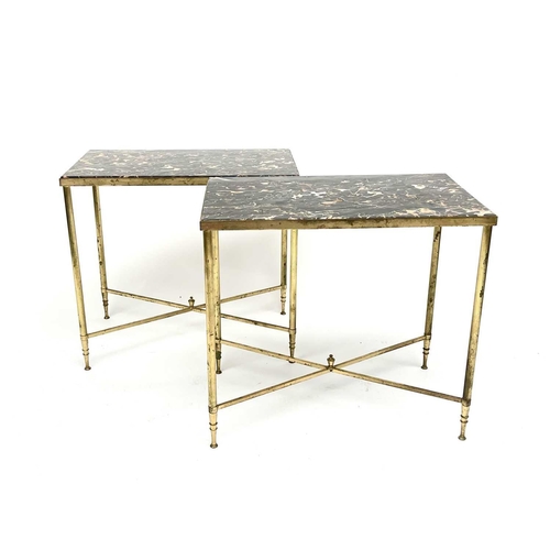 3153 - A pair of 1960s Maison Jansen style marble topped brass occasional tables. Height 54cm, width 59cm, ... 