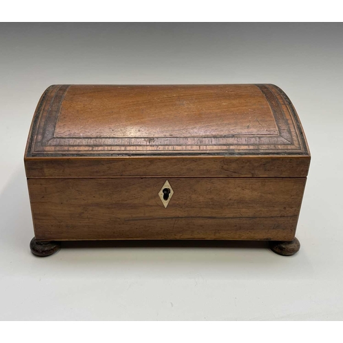 316 - A George III mahogany dome top casket, on disc feet, width 24cm, together with three assorted tea ca... 