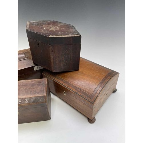 316 - A George III mahogany dome top casket, on disc feet, width 24cm, together with three assorted tea ca... 