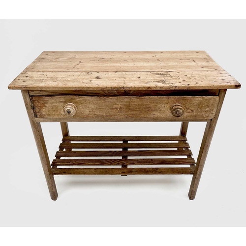 3162 - A Victorian pine kitchen side table, fitted with a long drawer, with lower rack. Height 80cm, width ... 