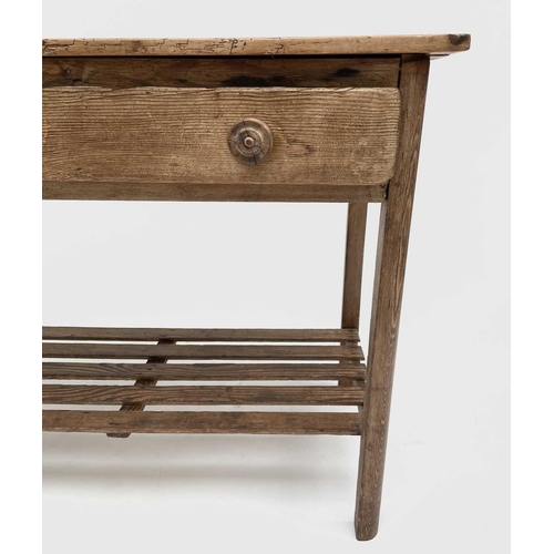 3162 - A Victorian pine kitchen side table, fitted with a long drawer, with lower rack. Height 80cm, width ... 