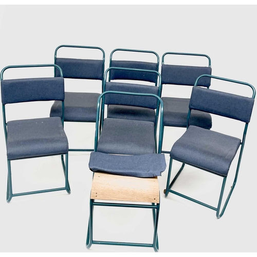 3164 - A set of seven mid century stacking chairs, the frames repainted blue, with padded seats and backs.