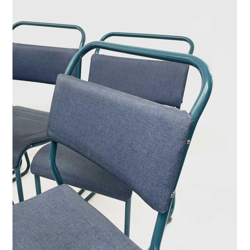 3164 - A set of seven mid century stacking chairs, the frames repainted blue, with padded seats and backs.