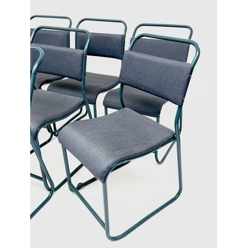 3164 - A set of seven mid century stacking chairs, the frames repainted blue, with padded seats and backs.