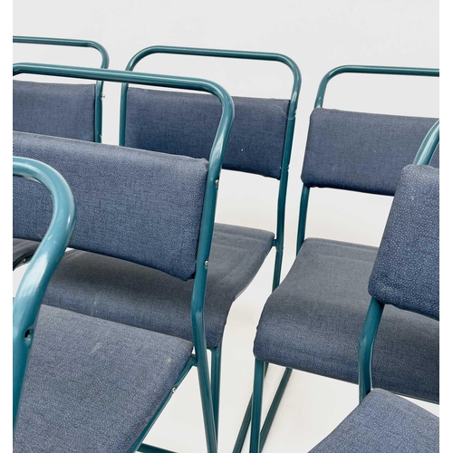 3164 - A set of seven mid century stacking chairs, the frames repainted blue, with padded seats and backs.