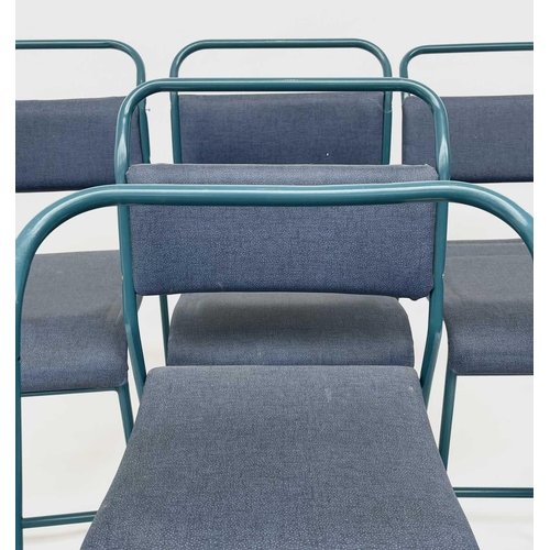 3164 - A set of seven mid century stacking chairs, the frames repainted blue, with padded seats and backs.