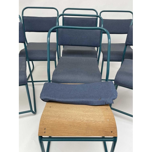 3164 - A set of seven mid century stacking chairs, the frames repainted blue, with padded seats and backs.