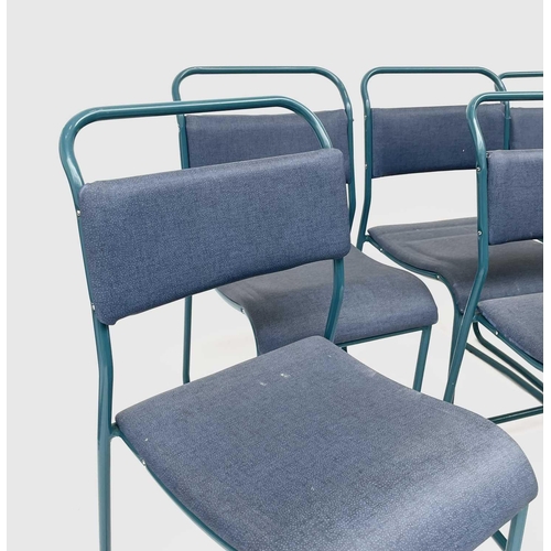 3164 - A set of seven mid century stacking chairs, the frames repainted blue, with padded seats and backs.