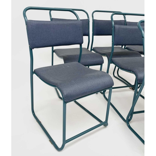 3164 - A set of seven mid century stacking chairs, the frames repainted blue, with padded seats and backs.