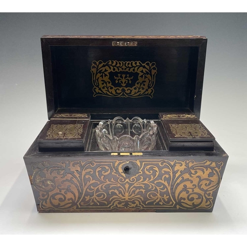 317 - A Regency rosewood and cut brass inlaid tea caddy, the interior with two lidded containers, labelled... 