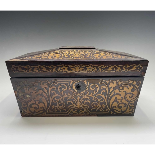 317 - A Regency rosewood and cut brass inlaid tea caddy, the interior with two lidded containers, labelled... 