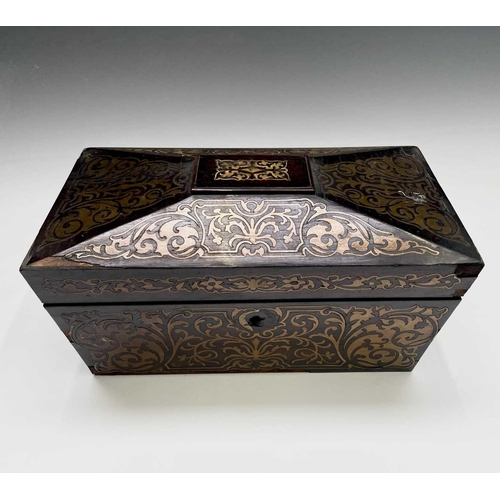 317 - A Regency rosewood and cut brass inlaid tea caddy, the interior with two lidded containers, labelled... 