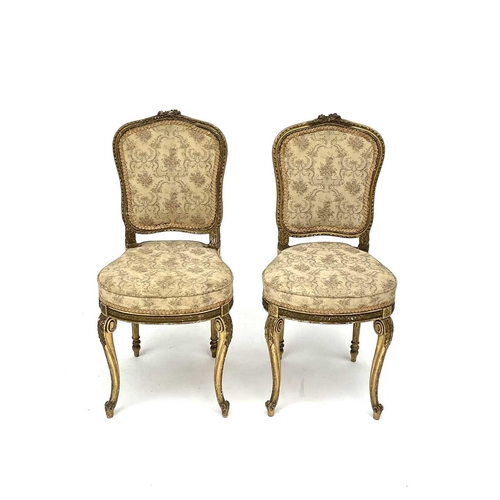 3172 - A Pair of 19th century French giltwood salon chairs with tapestry upholstered seats and backs, on ca... 