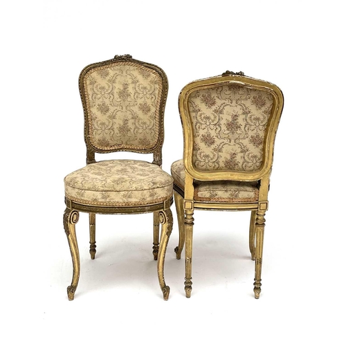 3172 - A Pair of 19th century French giltwood salon chairs with tapestry upholstered seats and backs, on ca... 