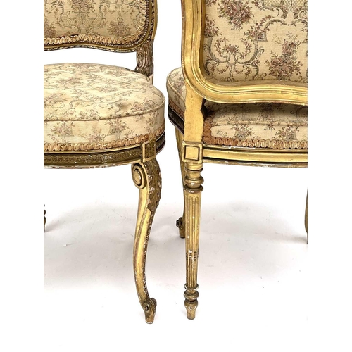 3172 - A Pair of 19th century French giltwood salon chairs with tapestry upholstered seats and backs, on ca... 