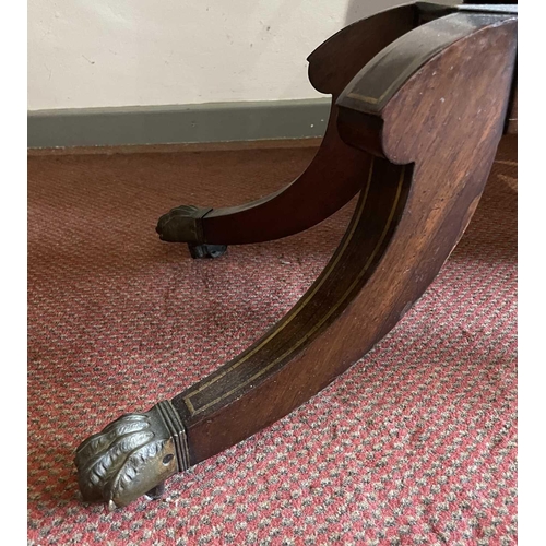 3174 - A Regency brass inlaid rosewood fold top card table on twin column supports and sabre legs. Height 7... 